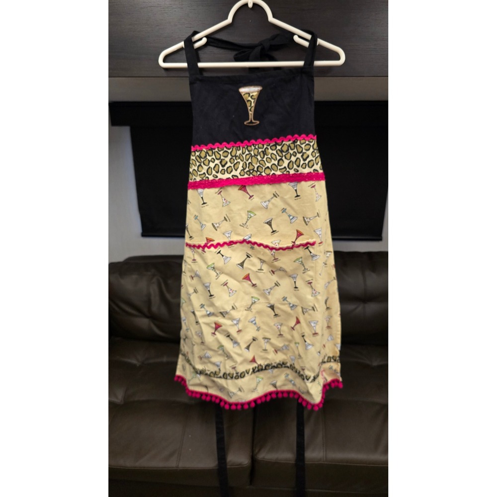 Martini Cocktail Print Apron Leopard Accent Pink Pom Pom Trim Pockets